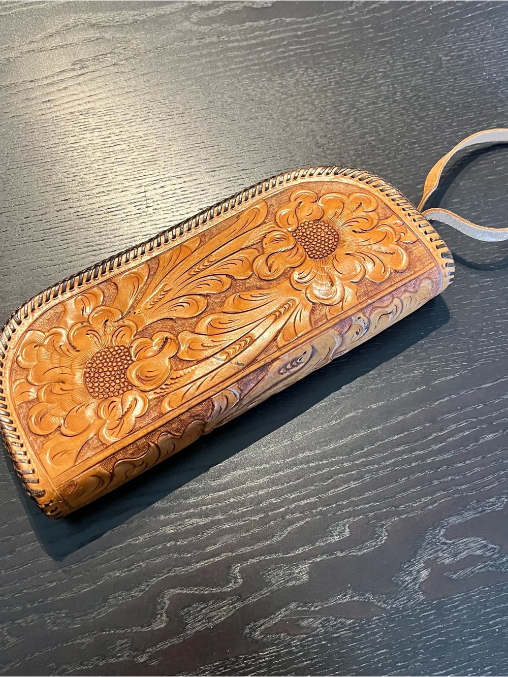 Vintage Hand-Tooled Floral Leather Wristlet Clutch in Tan